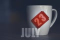 july 23rd. Day 23 of month,Tea Cup with date on label from tea bag. summer month, day of the year concept