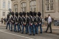 July 9 2018 -Royal guards on the streets of Copenhagen in Copenhagen heading to change the guard at the royal palace in Amalienbor