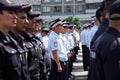 July 18 2019 Russia Magnitogorsk. A detachment of police officers on one of the city streets. A look from inside the line