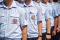 July 18 2019 Russia Magnitogorsk. A detachment of Russian police officers on one of the city streets. Uniforms: shirts badges