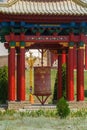 July 25, 2023. Russia, Republic of Kalmykia, Elista, Buddhist temple Golden Abode of Buddha Shakyamuni, prayer wheels