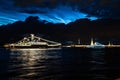 July 21, 2021, Russia, St. Petersburg. Night view of the Large landing ship BDK Olenegorsky miner. Rehearsal parade