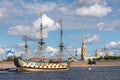 July 21, 2021, Russia, St. Petersburg. view of the Ship-Museum Poltavaand the Peter and Paul Fortress. Royalty Free Stock Photo