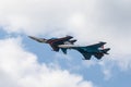 July 25, 2021, Russia, Zhukovsky. Performance of a pair SU-35 aircraft. Flight with aerobatic elements. Russian Knights