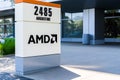 July 31, 2018 Santa Clara / CA / USA - AMD logo at the entrance to the offices located in Silicon Valley, south San Francisco bay