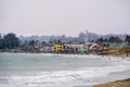 July 1, 2018 Santa Cruz / CA / USA - The Crowds having fun on the beach and at the Santa Cruz boardwalk on a foggy day