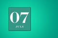 July 07 is the seventh day of the month. calendar date framed on a green background