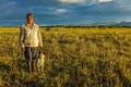 July 17, 2016 - Sheep herder with dog on Hastings Mesa near Ridgway, Colorado from truck