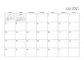 July 2021 simple calendar planner, week starts from Monday