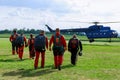 31 July 2022 Skutec, Czech Republic. Group of paratroopers go to helicopter for landing. Flight of paratroopers.