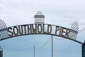 3 July 2023 - Southwold, Suffolk, UK: Editorial image of Southwold Pier sign