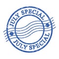 JULY SPECIAL, text written on blue postal stamp