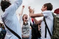 July 1st 2018, Moscow, Russia. Girls Russian supporters celebrate the victory against Spain in FIFA 2018.