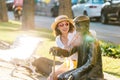 Funny tourist woman with senior old man