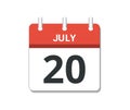 July 20th calendar icon vector. Concept of schedule, business and tasks