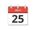 July 25th calendar icon vector. Concept of schedule, business and tasks