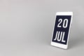 July 20th. Day 20 of month, Calendar date. Smartphone with calendar day, calendar display on your smartphone. Summer month, day of