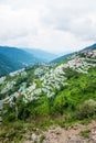 July 19th 2022 Himachal Pradesh India. Farmers in Himachal using anti-hail nets to protect apple groves or an orchard. Step hill Royalty Free Stock Photo