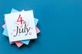 July 4th. Image of july 4 calendar on office work desk with copy space. Summer day. Independence Day Celebration