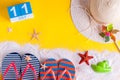 July 11th. Image of july 11 calendar with summer beach accessories and traveler outfit on background. Summer day