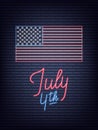 July 4th. USA Independence Day neon sign. USA National flag and lettering for July Fourth celebration