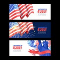 4 of July USA Independence Day. Horizontal holiday banner set with flag, salute and Statue of Liberty. Vector background Royalty Free Stock Photo