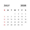 July 2026 vector calendar grid Royalty Free Stock Photo
