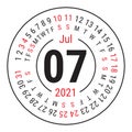 July 2021. Vector English ÃÂalendar. Round calender. Week starts on Sunday. Design template. Circle. Seventh month