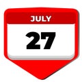 27 July vector icon calendar day. 27 date of July. Twenty seventh day of July. 27th date number. 27 day calendar. Twenty Royalty Free Stock Photo