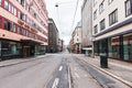 July 26, 2013. View of the streets of Oslo, Norway. Area of the center of Oslo. Tram tracks and pedestrian crossings on the street