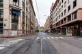 July 26, 2013. View of the streets of Oslo, Norway. Area of the center of Oslo. Tram tracks and pedestrian crossings on the street