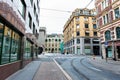 July 26, 2013. View of the streets of Oslo, Norway. Area of the center of Oslo. Tram tracks and pedestrian crossings on the street