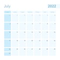 2022 July wall planner in blue color, week starts on Sunday