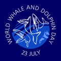 July 23 - world whale and Dolphin day. White outlines on a blue background. Contour style. Banner design