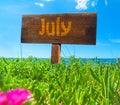 July written on a wooden sign on a green field