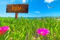 July written on a wooden sign on a green field