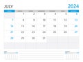 July 2024 year, Calendar planner 2024 and Set of 12 Months, week start on Sunday. Desk calendar 2024 design, simple and clean