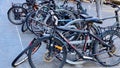 Jumble of bicycles on the sidewalk in NYC