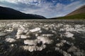 A jumble of ice fragments on the surface of the lake.