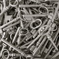 Jumble of many different old keys. Close up, background and texture