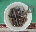 Jumble of old rusty hand tools. Old rusty messy hand tools