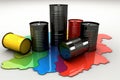 Jumbled pile of barrels and spilled liquid of different colors of rainbow. Environmental pollution concept. Mockup