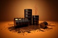 Jumbled pile of oil barrels and spilled crude oil on the abstract orange glossy surface. Dark brown background
