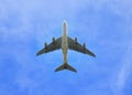 Jumbo Jet aeroplane directly in the sky above Royalty Free Stock Photo