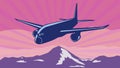 Jumbo Jet Plane or Airliner Flying Over Mountain Tops WPA Retro