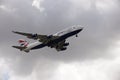 Jumbo 747 passenger jet with landing gear down Royalty Free Stock Photo