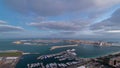 Jumeirah Palm Island night to day timelapse dubai shot from the rooftop top of the tower in dubai marina, uae Royalty Free Stock Photo