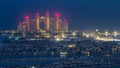 Jumeirah Palm Island night to day timelapse dubai shot from the rooftop top of the tower in dubai marina, uae Royalty Free Stock Photo