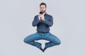 jump ceo meditating online. sms and instant messaging. yoga energetic businessman chat online.