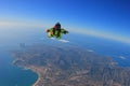 Jump. Free fall in open air. Sky jump like a hobby of extreme people. Flying men make professional jump. Skydiver in Royalty Free Stock Photo